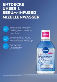 Clear plastic bottle with a white cap. Label features blue and pink text. Contains 400ml of micellar water infused with serum for skin regeneration.