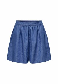 Shorts in denim con vita elastica, vestibilità ampia e design a vita media. Il tessuto presenta una consistenza liscia e un ricco colore blu.