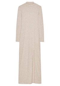 Beige långärmad klänning med hög krage, mjuk textur och en sidoklippning, som har en rak silhuett och lättviktig tyg.