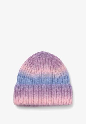 Berretto lavorato a maglia con sfumature di viola, rosa e blu. Presenta una superficie a costine e un risvolto per una vestibilità aderente.