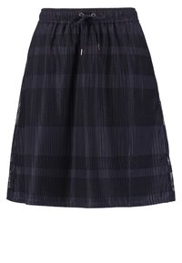 Jupe plissée marine avec une taille élastique et un cordon de serrage. Présente des rayures texturées et des accents en maille translucide. Conception mi-longue.
