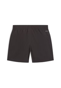 Shorts de bain noirs avec un waistband élastique, fabriqués en tissu léger, présentant un accent de logo sur le bas à gauche.