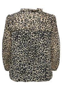 Blouse en tissu transparent à imprimé léopard, dotée d'un col froncé, de manches longues et d'une coupe décontractée avec de légers volants au col.