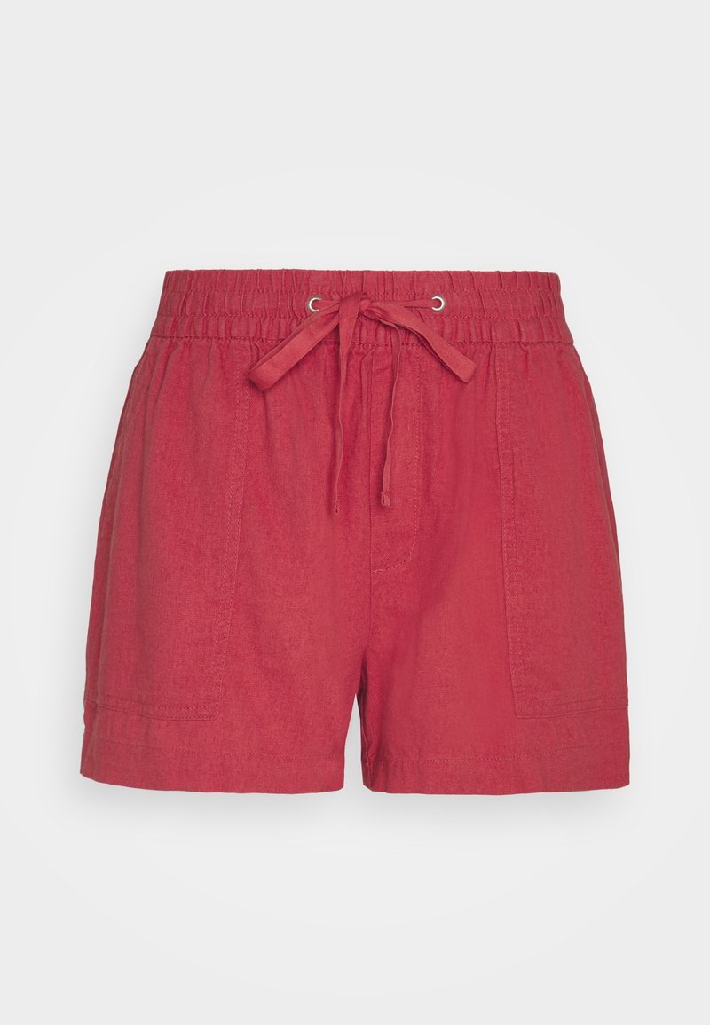 Shorts rouges décontractés avec taille élastique, cordon de serrage à l'avant et deux poches plaquées avant sur un fond blanc uni.