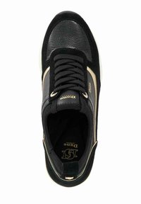 Black sneaker with a textured black leather toe, gold accents, and black suede panels. Features black laces and a cushioned collar for comfort.