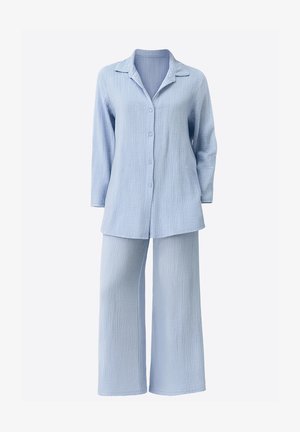 Lichtblauw pyjamaset gemaakt van gestructureerde stof. Bevat een overhemd met lange mouwen en knopen en wijde pantalons met een losse pasvorm.