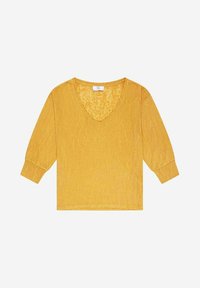Top jaune à col en V avec des manches trois-quarts, texture légère et coupe décontractée. Design simple sans motifs ni accents supplémentaires.