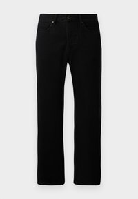 Pantalones vaqueros de mezclilla negra con diseño de pierna recta, estilo de cinco bolsillos, cierre frontal con botón y detalles de costura sutiles.