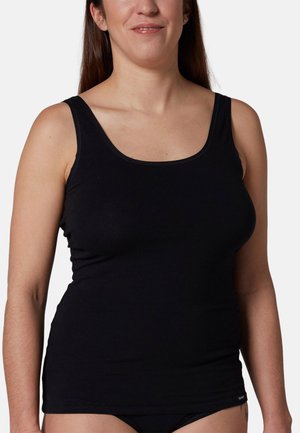 Black, sleeveless tank top made of cotton. Features a scoop neckline and a fitted design, with visible stitching along the edges.