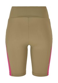 Kaki biciklističke kratke hlače od rastezljivog materijala, s visokim strukom i ružičastim bočnim panelima. Glatka tekstura s tijesnim krojem.