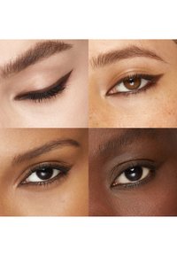 Fire close-up billeder af øjne med forskellige eyeliner-stilarter. Øjenbrynene har forskellige former, og der er repræsentation af brune, beige og mørke hudtoner.