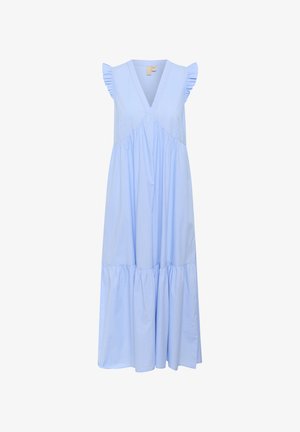 Vestito azzurro chiaro, lungo fino al ginocchio, con scollatura a V, maniche a volant e vita arricciata con gonna a strati. Materiale in cotone.