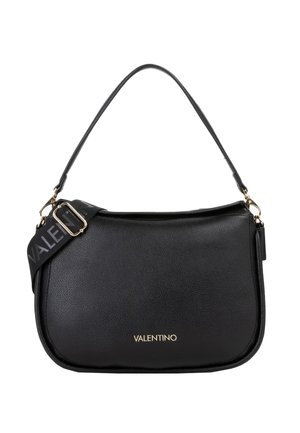 Borsa a tracolla in pelle nera Valentino con forma curva, logo dorato, accessori dorati e tracolla regolabile in tessuto con marchio.