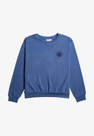 Sweat-shirt bleu à manches longues avec col rond, taille et poignets élastiques, avec un petit logo noir en spirale circulaire sur le côté gauche de la poitrine.
