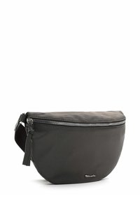 Černá nylonová crossbody taška zaobleného tvaru, s širokým zipovým uzávěrem a jemným logem na přední straně. Hladký povrch.