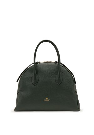 Sac à main en cuir texturé vert foncé, forme arrondie, deux poignées, fermeture éclair dorée et petit logo doré au centre devant.