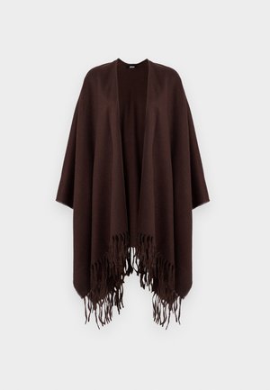 Brown fringed poncho made of soft fabric, featuring a draped design with open sides and a rounded neckline.