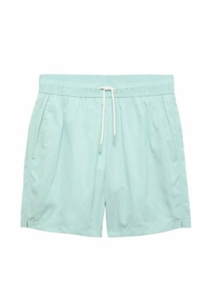 Lichtblauwe zwembroek voor mannen met elastische tailleband, witte trekkoord en zijzakken op een witte achtergrond.