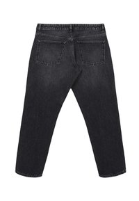 Jeans in denim nero con taglio dritto, dotati di due tasche posteriori e una vita standard, mostrati da dietro.