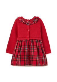 Rotes Langarmkleid für Kleinkinder mit gestricktem Oberteil, Knopfleiste vorne, rotem kariertem Rock und Rüschenkragen.