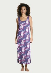 Robe maxi de couleur violet foncé avec un motif floral blanc et rose. Design sans manches, tissu doux, fentes sur les côtés pour faciliter les mouvements.
