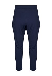 Pantaloni cropped in tessuto elasticizzato di colore blu navy con vita aderente e gamba affusolata. Texture liscia, senza motivi o dettagli visibili.