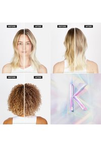 Hårtransformasjoner vist i fire kvadranter: lyst, rett hår øverst; krøllete, brunt hår nedenfor. Tekstetiketter indikerer "Før" og "Etter".