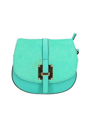 Türkise Umhängetasche mit einer strukturierten, fellartigen Vorderseite, glattem Lederbesatz, goldenen Zubehörteilen und einem strukturierten Klappen-Design.