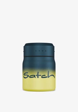 Wiederverwendbarer gelber und dunkelblauer isolierter Lebensmittelbehälter mit schwarzem Deckel und "Satch"-Logo auf der Vorderseite.