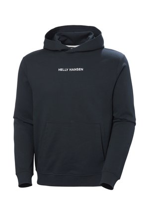 Navyblauwe hoodie van zacht materiaal, met een voorkantzak en een wit "HELLY HANSEN" logo op de borst. Met boorden aan de mouwen en onderkant.
