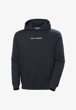 Sudadera azul marino de material suave, con un bolsillo frontal y el logo blanco "HELLY HANSEN" en el pecho. Mangas y dobladillo con puños.