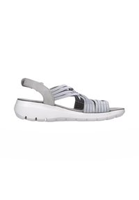 Sandal grigio con cinturini in tessuto, soletta imbottita e suola in gomma bianca. Presenta un cinturino posteriore regolabile e un design con punta aperta.