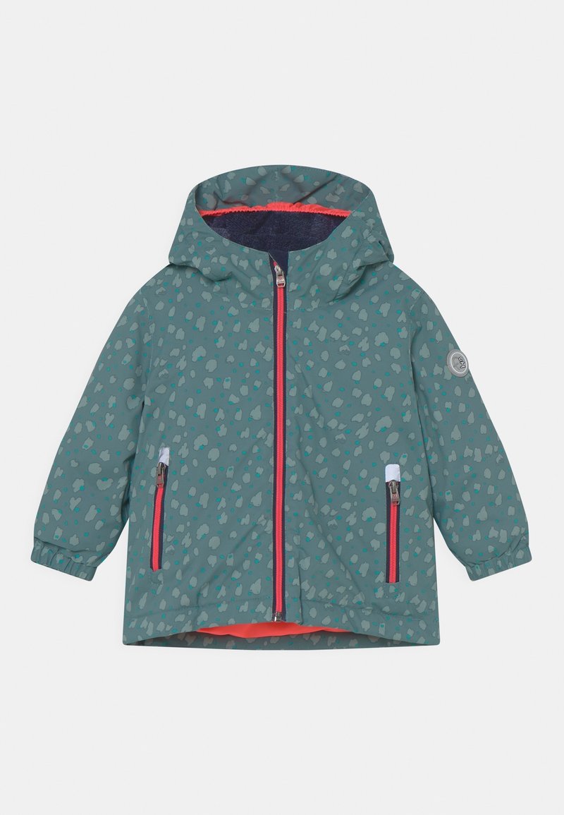 Veste à capuche en bleu sarcelle avec un motif à pois. Comprend des zips roses, des poignets élastiques et une doublure intérieure d'une couleur contrastante.
