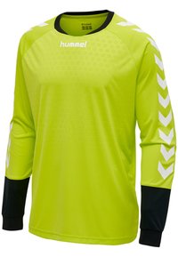 Maglietta sportiva a maniche lunghe di colore giallo fluorescente con una texture a nido d'ape, dettagli neri sulle maniche e motivi a chevron bianchi sulle spalle.