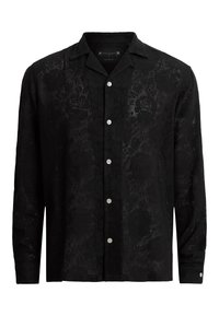 Maglietta nera a maniche lunghe realizzata in tessuto testurizzato, con un motivo floreale, colletto a scollatura a V e sei bottoni sulla parte frontale.