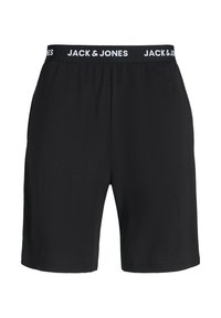 Shorts noirs en tissu doux avec une taille élastique portant le logo "JACK & JONES" en texte blanc. Coupe régulière, design jusqu'aux genoux.