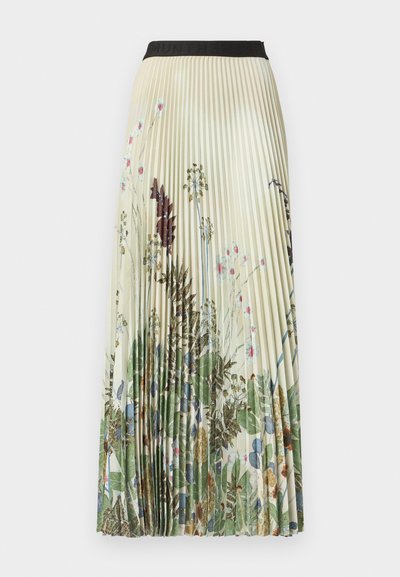 Πλισέ μίντι φούστα με λουλουδάτο σχέδιο σε αποχρώσεις πράσινου, μπλε και ροζ, με μαύρη ελαστική μέση και ελαφριά υφή υφάσματος.