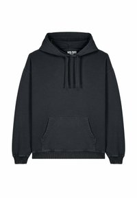 Felpa nera con tasca frontale, cordini sul cappuccio e polsini a coste. Realizzata in tessuto morbido con un taglio rilassato.