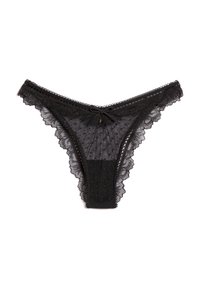 Schwarzer Tanga mit Spitzenbesatz, gepunktetem Netzgewebe, einer zentralen Schleifendetail und gewelltem Saum, gestaltet für ein zartes Erscheinungsbild.