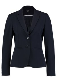 Blazer blu navy con un design classico, due bottoni frontali, rever a punta e tasche laterali, realizzato in un tessuto liscio.