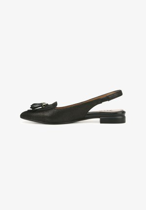 Black slingback shoe with a pointed toe, textured surface, and decorative leather accent on the front. Features a low block heel.