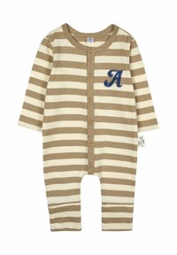 Braun- und cremegestreifter Baby-Overall mit langen Ärmeln, vorderer Knopfverschluss und einem blauen "A"-Akzent auf der Brust. Aus weichem Baumwollmaterial.