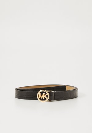 Black leather belt with a crocodile texture, featuring a round gold-tone buckle embossed with "MK" logo.