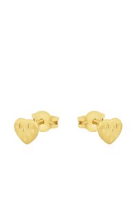 Pendientes de perno en forma de corazón dorado con una superficie texturizada y detalles troquelados. Cuentan con un seguro cierre de mariposa para facilitar su uso.