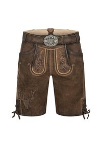 Lederhosen en daim marron avec des coutures décoratives, motif de bois de cerf, lacets ajustables sur les côtés, et une boucle en argent à la taille.