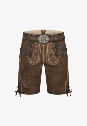 Brown suede lederhosen with decorative stitching, antler motif, adjustable side laces, and a silver buckle at the waist.