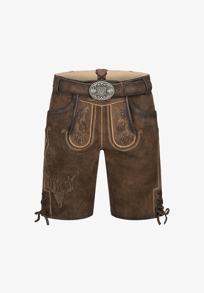 Brown suede lederhosen with decorative stitching, antler motif, adjustable side laces, and a silver buckle at the waist.