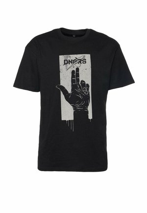 Black cotton t-shirt featuring a silver graphic of a hand with fingers raised. The design includes a rectangular border and text.
