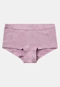 Boxers roses en coton doux avec une large ceinture et des coutures visibles, posés à plat sur un fond clair.