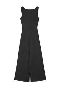 Combinaison noire sans manches à jambes larges, corsage ajusté et encolure ronde, posée à plat sur fond blanc.